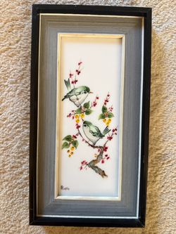Vintage Mid-Century Spanish Ceramic Tile Art – Hand-Painted Birds Framed Shadowbox – Signed Rupert – Made in Spain