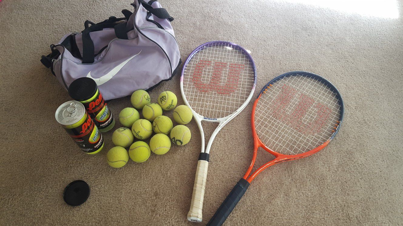 2 Tennis Rackets with balls and bag