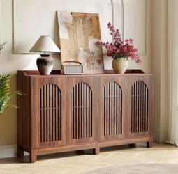 57-Inch Sideboard Cabinet with Adjustable Shelf, Vintage Brown Wooden Buffet with Fence Doors, 2-Tie