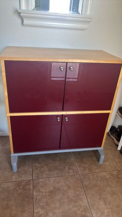 4-Door Storage Cabinet with Shelves – Burgundy & Wood – IKEA Style