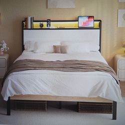🔥🔥Brand New LIKIMIO FULL  bed frame w/ storage headboard + LED lights!