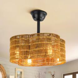 20 in. 4-Light Farmhouse Indoor Black and Deep Brown Geometric Drum Ceiling Fan Lighting with Remote 
