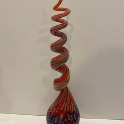 Hand Blown Millefiori? Art Spiral Glass Sculpture 17” tall by 4” wide  Tones of Red Blue and White