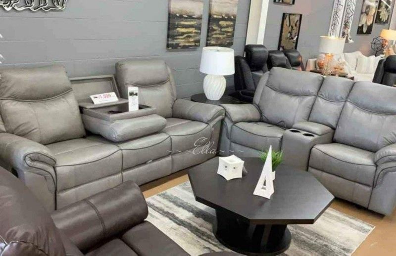 Aram Gray Faux Leather Double Reclining Sofa with Center Drop-Down Cup Holders, Receptacles, Hidden Drawer and USB Ports