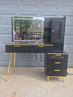 Black and Gold Vanity Desk with LED Mirror