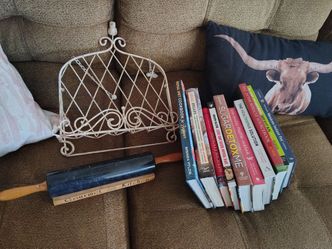 Cookbooks marble rolling pin and book holder