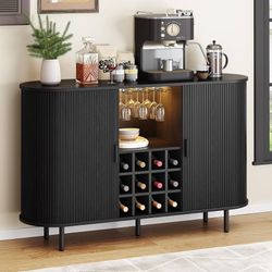55" Wine Bar Cabinet with LED Light,Modern Liquor Whiskey Coffee Station with Wine Rack and Glass Holder, Farmhouse Buffet Sideboard with Storage for 