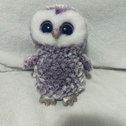 Ty Beanie Boo Purple and White Fluffy Soft Owl Plush Stuffie Glittery Sparkly