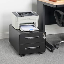 Under Desk Printer Stand with Storage – 2-Drawer Printer Table for Home & Office, Mobile Printer Cart with 2 Sets of Casters and Lockable Drawers, 4 K