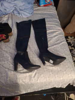 Faux Leather Thigh High Block Heel Boots
