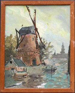 Mill original framed artwork oil painting landscape country village oil canvas
