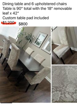 Dining table, 6 chairs, custom table pad