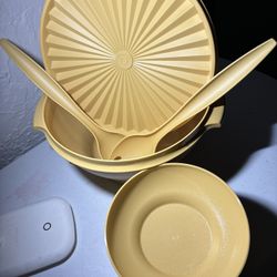 Vintage Harvest Gold Tupperware Salad Bowl w/ Lid, Serving Spoons And 6 Bowls