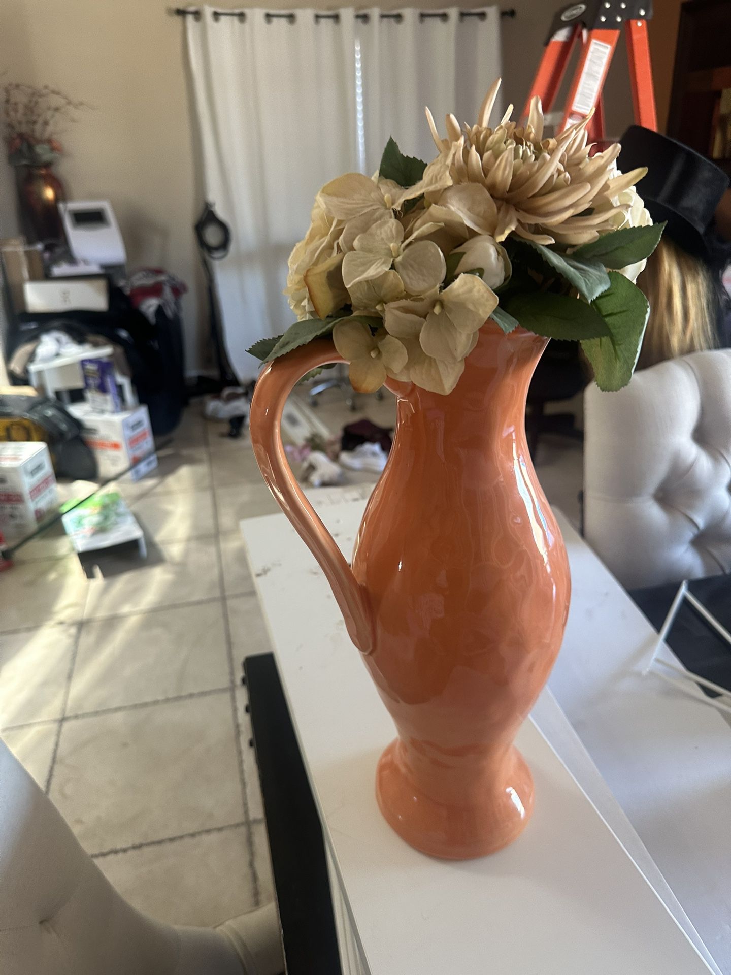 Orange Flower Pot With Fake Flowers 
