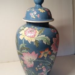 Vintage HFP Macau Oriental Ginger Jar 14" With Lid French Blue Pink Lotus Decor