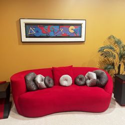 Bold Red Curved Velvet Sofa w/ Pillows And 2 Side Tables – Modern & Stylish