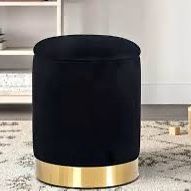 Round Storage Ottoman Upholstered Velvet Vanity Ottoman Stool with Gold Trim Small Modern Footrest for Living Room Bedroom (Black)