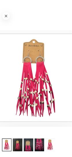 Rustic Couture's Hoop Long hit pink Suede Fringe Silver Beaded Statement Earring