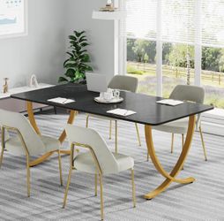 Marble Look Desk 63” W x 31.5” D Large Office Desk, Modern Computer Desk Conference Table Meeting Room Table, Business Furniture for Home Office, Blac