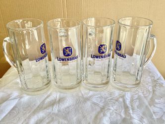 Set of 4 Vtg. Licensed Lowenbrau Large Heavy Clear Beer Mugs Half Liter 7.5” Tall Barware