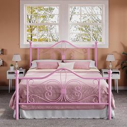 Queen Platform Bed Frame, Butterfly Pattern Design, Pink Butterfly Design Headboard & Footboard, Under Bed Storage, No Box Spring Needed, Easy Assembl