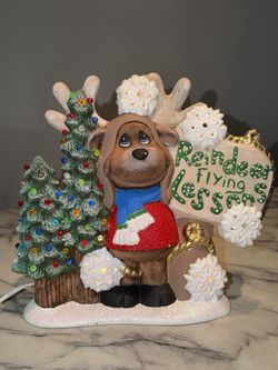Christmas Ceramic Handmade Lamp Light Up Reindeer Christmas Tree Lamp Vintage