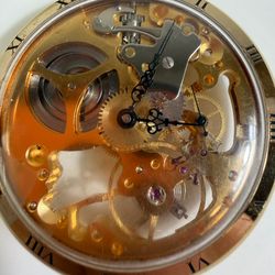 Rare R Müller Seventeen Jewels Skeleton Pocket Watch Gold Tone Imperfections VTG