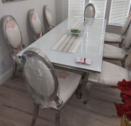 Custom Elegant Modern 6 Chair Glass/Steel Chrome Dining Table