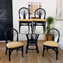  Coastal black mid Century Modern glass rattan bambo dining room set Bistro