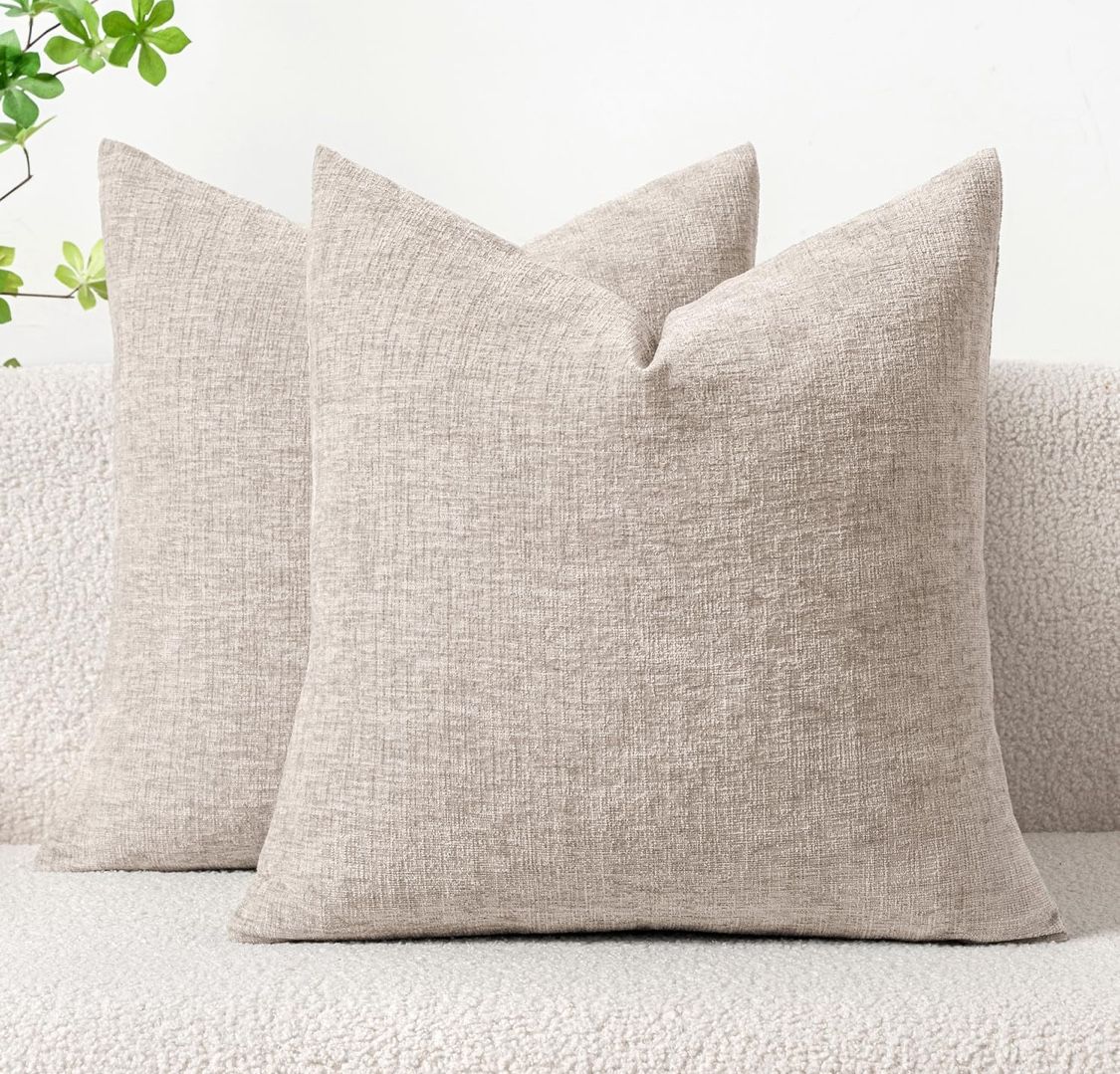 MIULEE Pack of 2 Couch Throw Pillow Covers 16x16 Inch Soft Light Brown Chenille Pillow Covers for Sofa Living Room Solid Dyed Pillow Cases