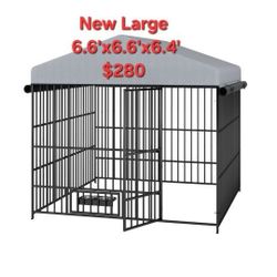 BRAND NEW IN BOX LARGE 6.6'x6.6'x6.4' Outdoor Covered Dog Kennel W/ Roof & Roll Down Side Canopy, Swivel Feeding Door & Bowls, Heavy Duty Iron Cage   