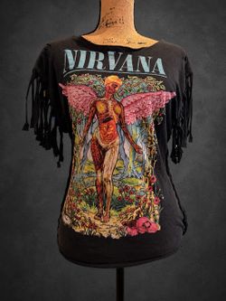 Custom Upcycled Nirvana Fringe Lace-Up Graphic Tee – Women’s Medium