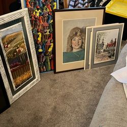 (7) Beautiful Wood & Black Frames & Artwork