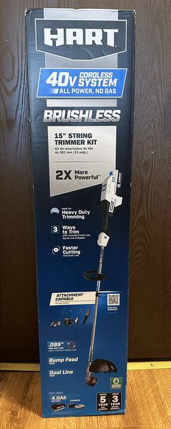 HART 40 Volt Cordless Brushless 15-inch String Trimmer Kit, (1) 4.0Ah Lithium-Ion Battery