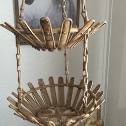 Vintage 2 Tier Cane Bamboo Hanging Fruit Stand #23