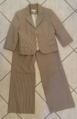 Ann Taylor LOFT 2pc Suit Tan White Striped Blazer Jacket & Wide Leg Pants Size 4