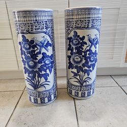 Pair Chinese Blue and White Porcelain Vase/Umbrella Holder