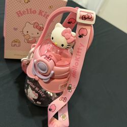 Sanrio Hello Kitty Pink Plastic Water Bottle with Handle, Straw, Push Button Lid