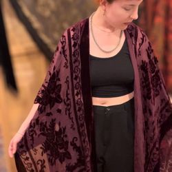 Free People Deep Plum Purple Velvet Kimono With Fringe NWOT One Size