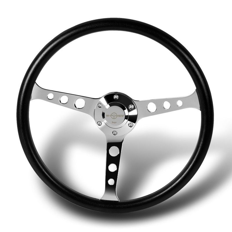 W-Power 380MM Black Vinyl Wrap 6-Holes Chrome 3-Spoke 15-Inch Steering Wheel -(3-SW-8976-SP-CH