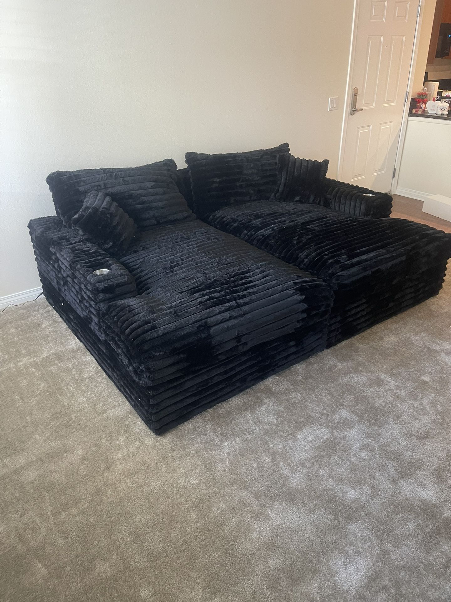 Black Sofa - Double Chaise Sofa Sectional - Black Fur Like Corduroy Fabric