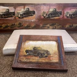 Vintage Truck Art - two unique pieces - canvas and metal