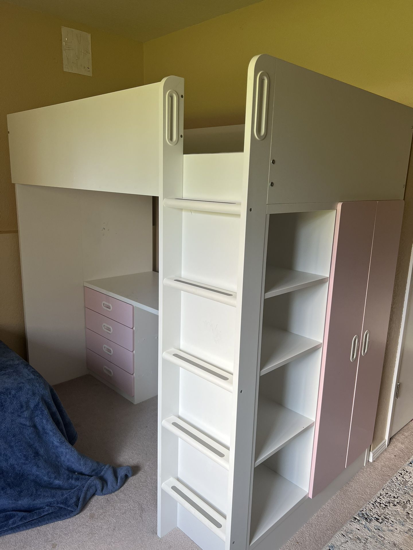 Girl's Bunkbed, Workspace, Shelves and Armoire (All-in-One)