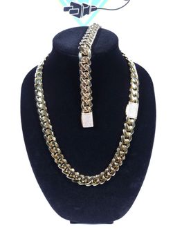Gold Chain Cuban Link w Matching Bracelet 14k Stamp Iced Out Custom Lock *Ultra High-Grade* 16mm