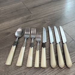 Crosson China Vintage Silverware Set 7pcs Marbled Ivory Handles Stainless Steel