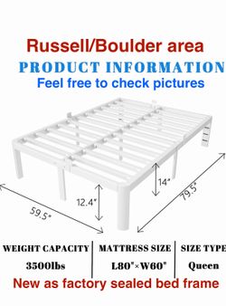 Brand new Kososo 14 Inch Queen Bed Frame, White, holds 3500lbs. Russell/Boulder area