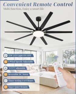 M 72 Inch Large Ceiling Fans With Lights And Remote, Outdoor Black Ceiling Fan With 10 Blades, 32W LED Light 3 CCT, 6 Speed Reversible Quiet DC Motor,