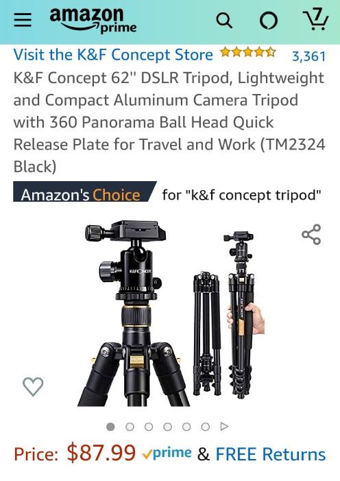 K&F Concept 62'' DSLR Tripod, Lightweight and Compact Aluminum Camera Tripod with 360 Panorama