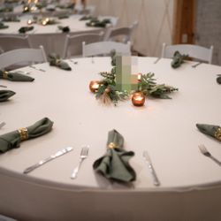 Wedding Decorations, Arch Drapes And Flowers, Amber Votives, Sage Green Napkins with Geometric Rings