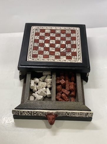 Chess box, Vintage chess set handmade, Yucatan Mexico 8x8